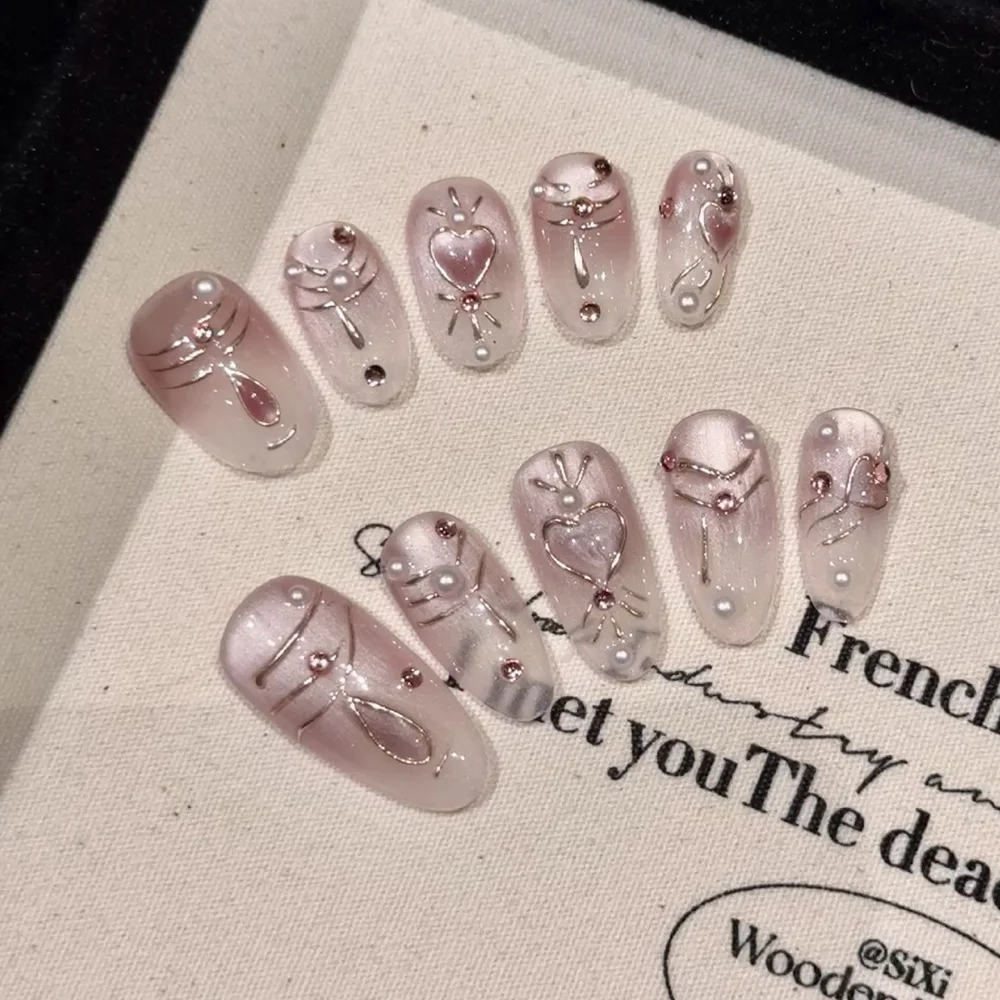 Handmade Pink Press on Nails Nude Rhinestone Design Reusable Wearable Fake Nails Full Cover Nail Tip Manicure Desired Life Store