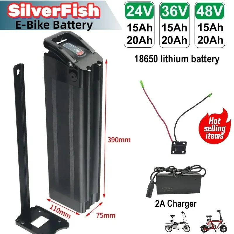 36V 48V 24V 20AH Electric Silver Fish Style Bike Battery 36V 48V 24V for Lithium Battery with Aluminum Case Anti-theft Lock