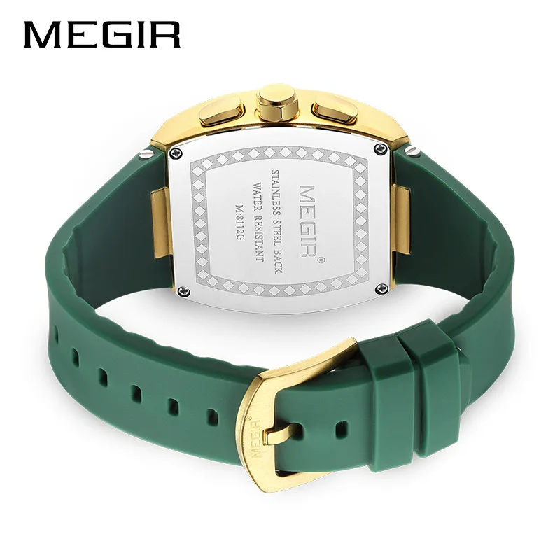 MEGIR 8112 Quartz Watch Fashion Creative Luminous Date Chronograph Analog Display Green Silicone Strap Wrist Watches for Men