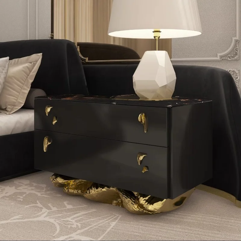Light luxury black bedside table, brass bedside table with drawers, bedroom, luxury home furniture, villa use