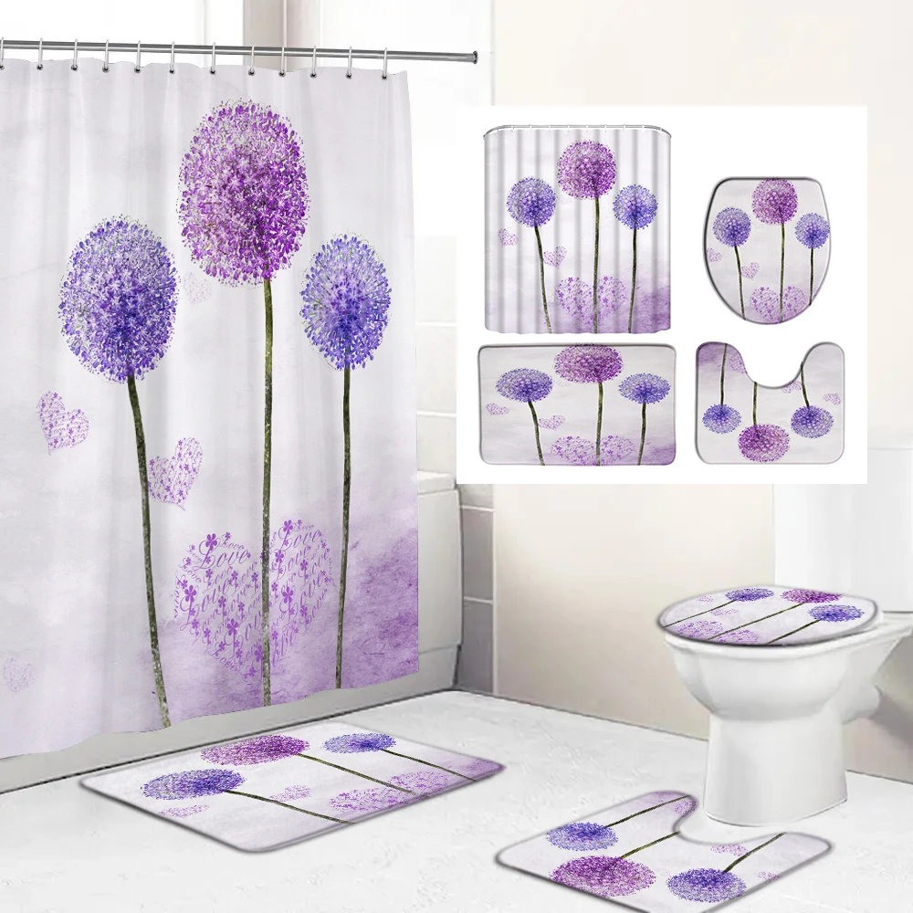 Dandelion Fabric Shower Curtain Purple Flower Bathroom Curtains Set Anti-skid Rugs Toilet Lid Cover Bath Mat Home Decor