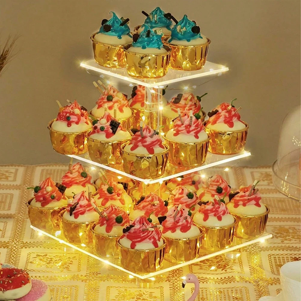

3/4 Tier Acrylic Cupcake Tower Stand Multifunctional Square Display Stand Cake Serving Platter for Birthday Wedding Party
