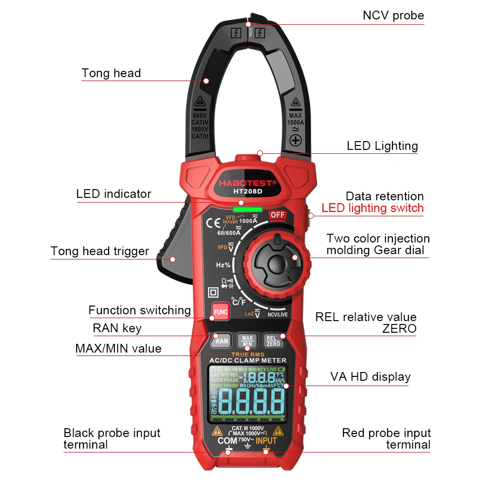 HABOTEST HT208 Professional Clamp Meter Multimeter 1000A 1000V AC DC True RMS Amperimetrica Capacitance Digital Clamp Tester