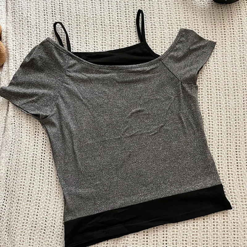 Y2k Slim Fit Print Tops Women Off Shoulder Short Sleeve Tee Shirt Neploe American Vintage Fake Two Piece Halter Lace Up T-shirts