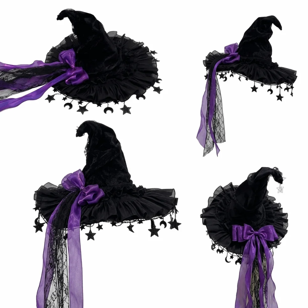Fashionable Wide Brim Witch Hat Lace Trim Gothic Dark Style Gothic Hat Ruffle Brim Cosplay Costume Hat Women’s Costume
