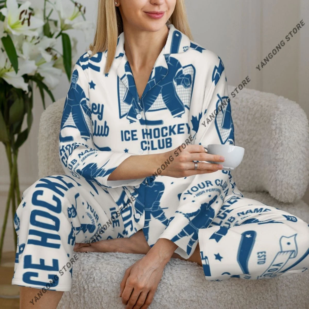 

Women Sleepwear Pajamas Ice Hockey Club In Retro Style Long Sleeve Pijama Female Set Negligee Cardigan Suit