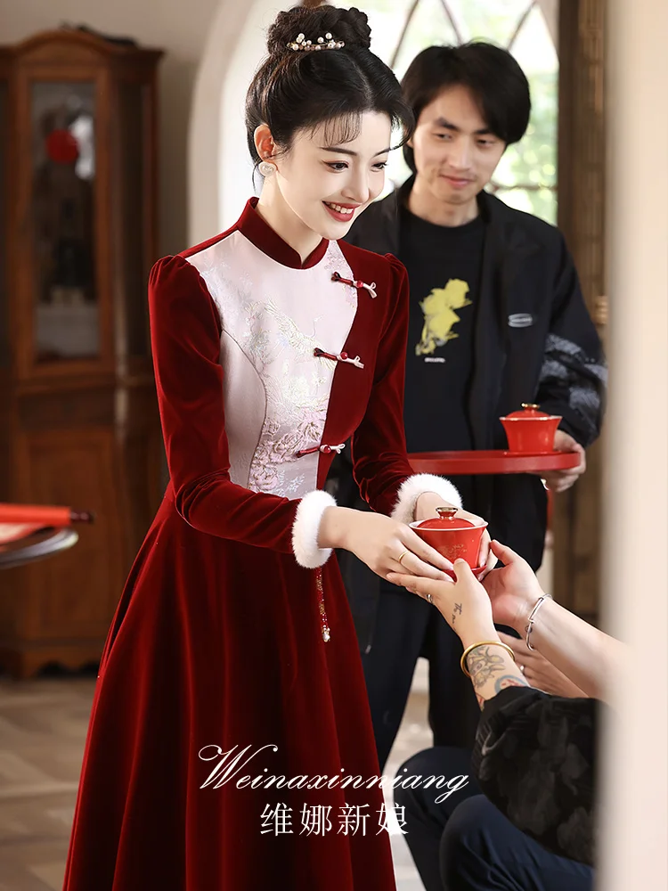 

Бархатное свадебное платье в китайском стиле с длинными рукавами, облегающее, для помолвки и свадьбы, новинка 2023 года