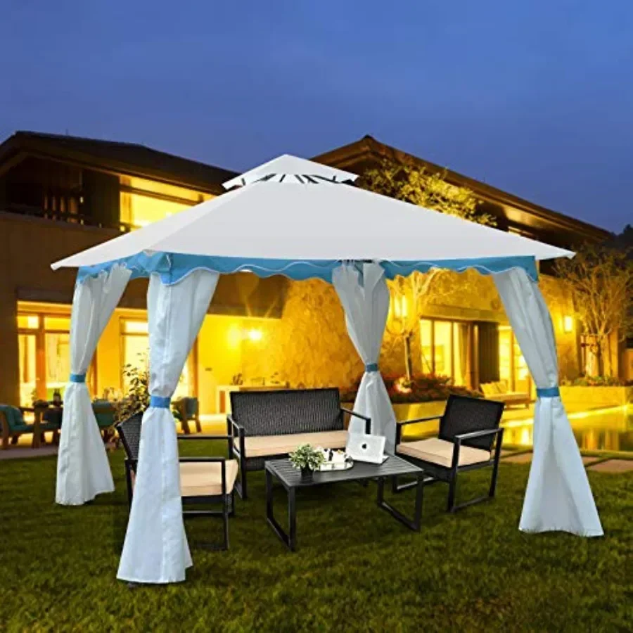 10 x 10 ft Patio Steel Gazebo Outdoor  Gazebo with Side Walls Zippers 2 Tier Vented Roof Blue Trimming Steel  Gazebo for Patio