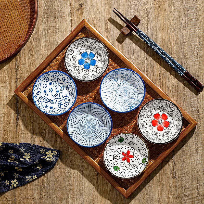 Juego de 6 Platos Pequeños de Cerámica Japonesa para Barbacoa, Salsas, Sashimi, Sushi, Salsa de Soya, Platos para Servir Aperitivos, Frutas y Postres en el Hogar