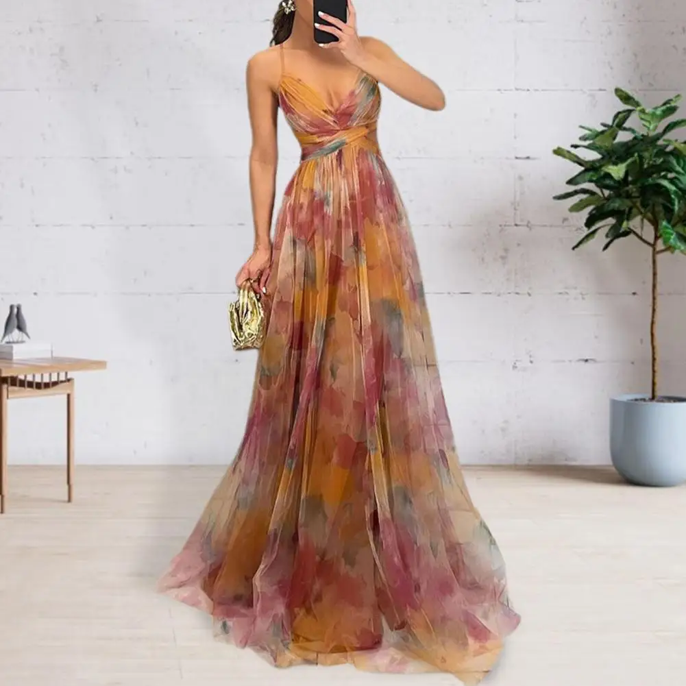 

All-over Print Maxi Dress Elegant Mesh Printed Evening Dress with Spaghetti Straps Pleated A-line Silhouette Women's for Special