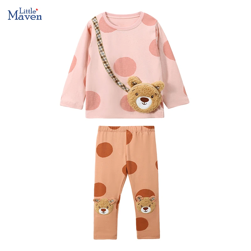 Little maven 2024 Children's Clothing Baby Girls Cotton Bear T shirt+Pants Sets Autumn Cotton Clothes for Kids