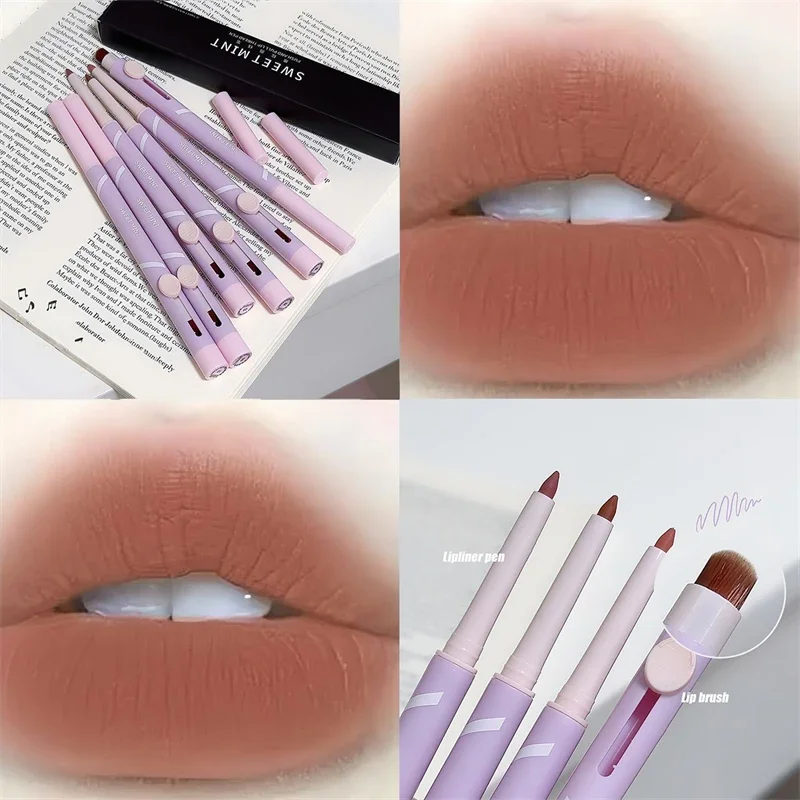 ใหม่ Lip Pen Lip Liner ปากกา Matte ลิปสติกปากกา Silver Long Lasting Lip Contouring Nonstick Lipliner ดินสอเกาหลีแต่งหน้าพร้อมแปรง