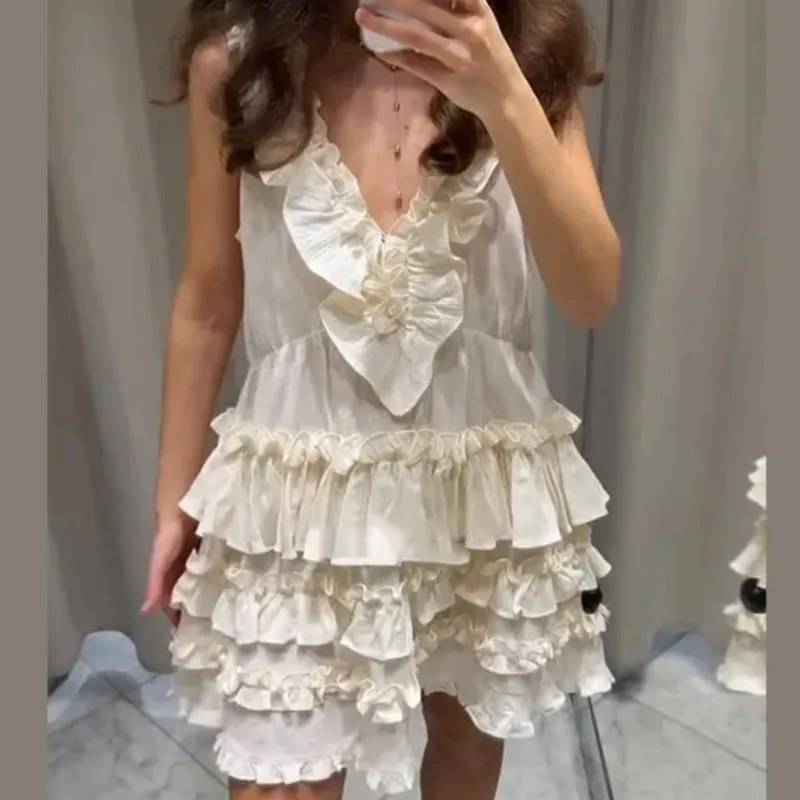 Elegante em camadas plissado vestido feminino 2025 novo verão solto sexy com decote em v sem mangas a linha mini vestidos de festa de férias vestido de noite