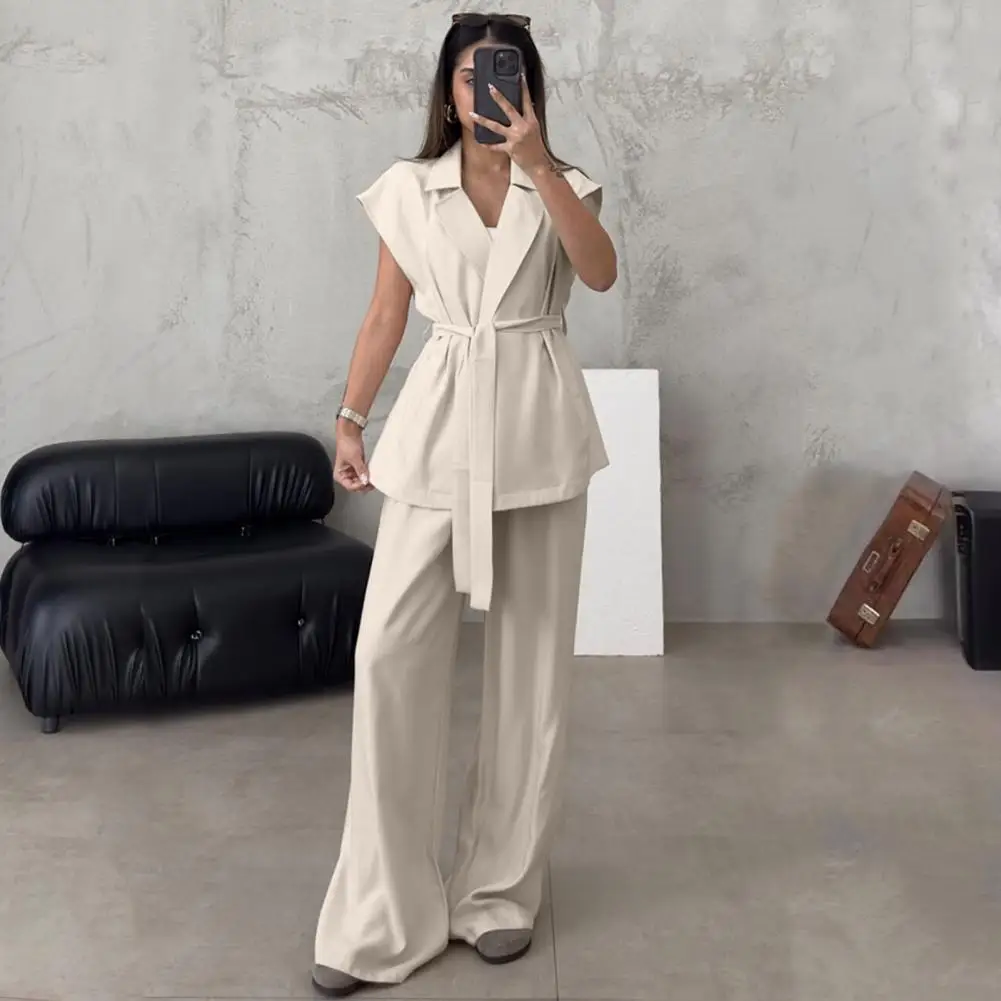 Women Clothing Elegant Women's Business Suit Set with V Neck Vest High Waist Pants Sleeveless Waistcoat with Lace-up for Office