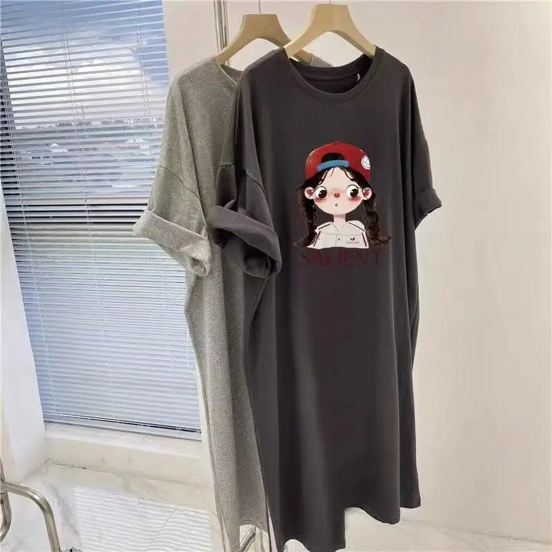 Loose Oversized Hong Kong Style Short Sleeve Mid-Length Slit T-Shirt Dress Korean Version Outerwear Casual Straight Tube Skirt