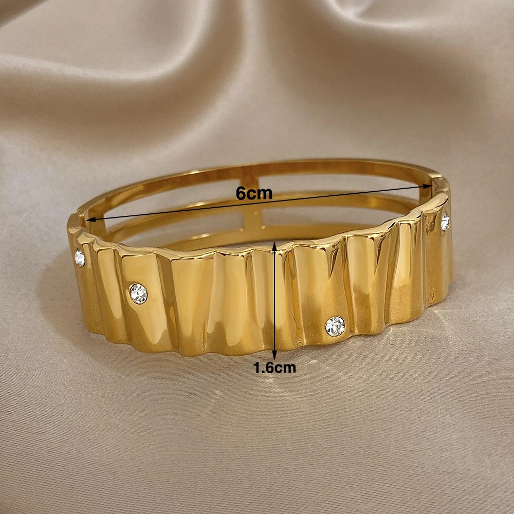 Freetry Glossy Irregular Wave Stainless Steel Bangle Bracelet Women Punk Geometry Spring Buckle Wide Bracelet Waterproof Jewelry