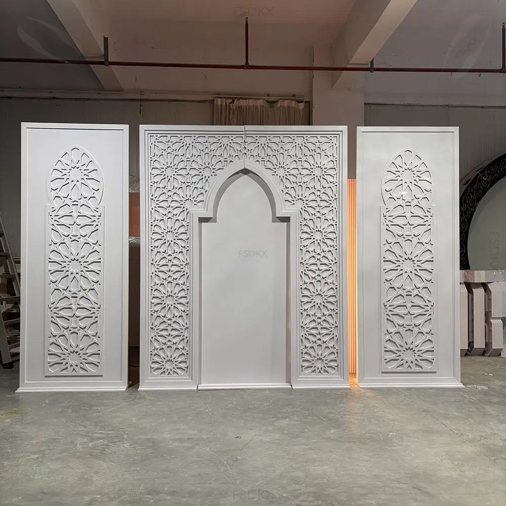 

FSDKX Custom White Background 3d Engraving Stage Arch Backdrop for Wedding Party Decoration