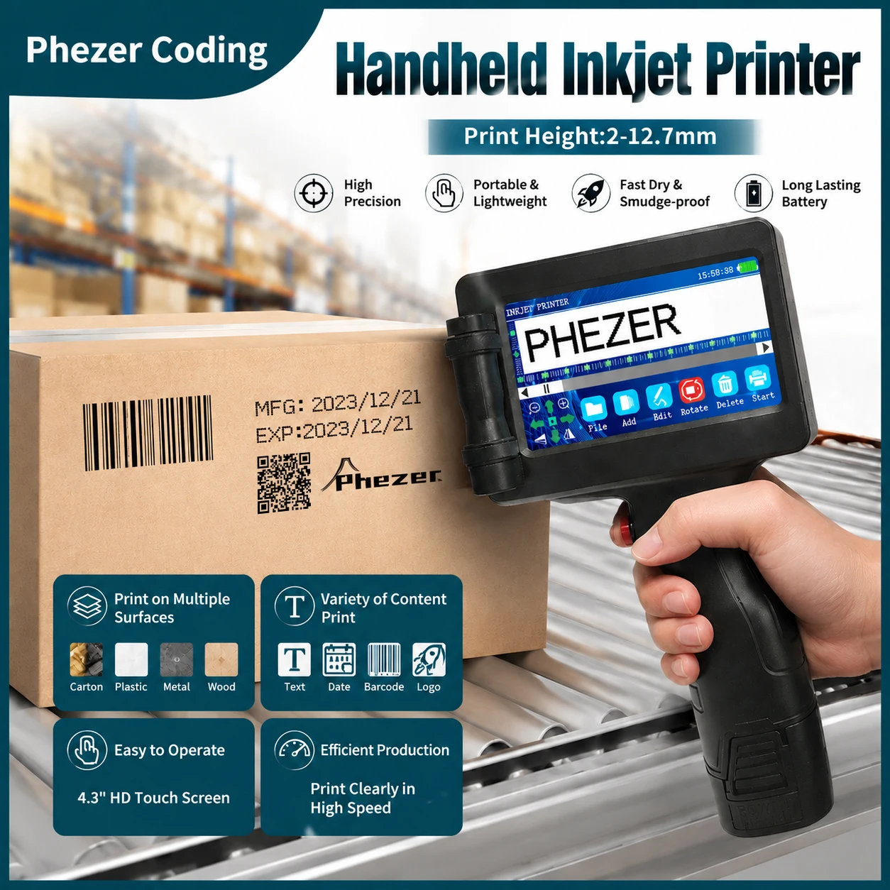 Phezer 12.7mm P17 Handheld Inkjet Printer Portable Label Printer Expiry Date Expiration Batch Code Logo QR Barcode 28 Languages