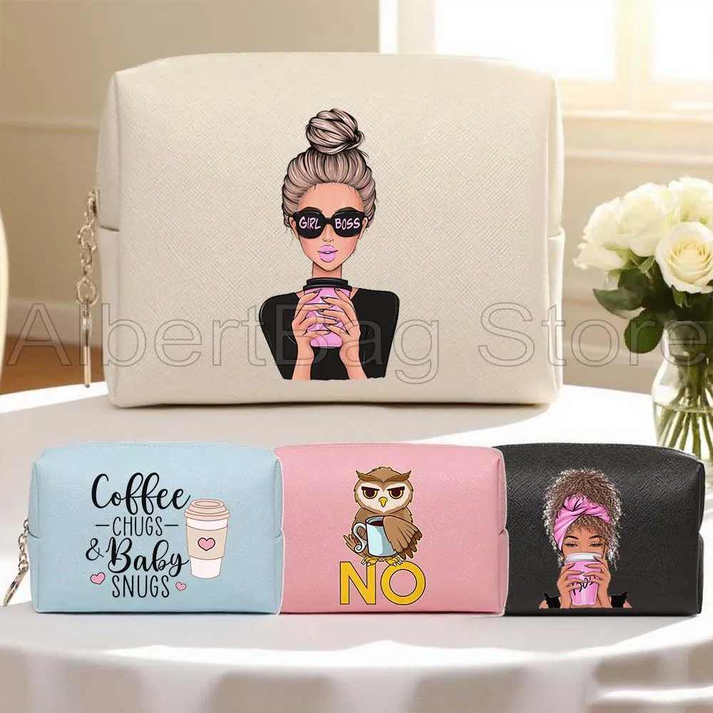

Funny Drink Coffee Humor Girl Lady Boss Life Gifts PU Leather Travel Cosmetic Bag Women Makeup Waterproof Toiletry Storage Bag