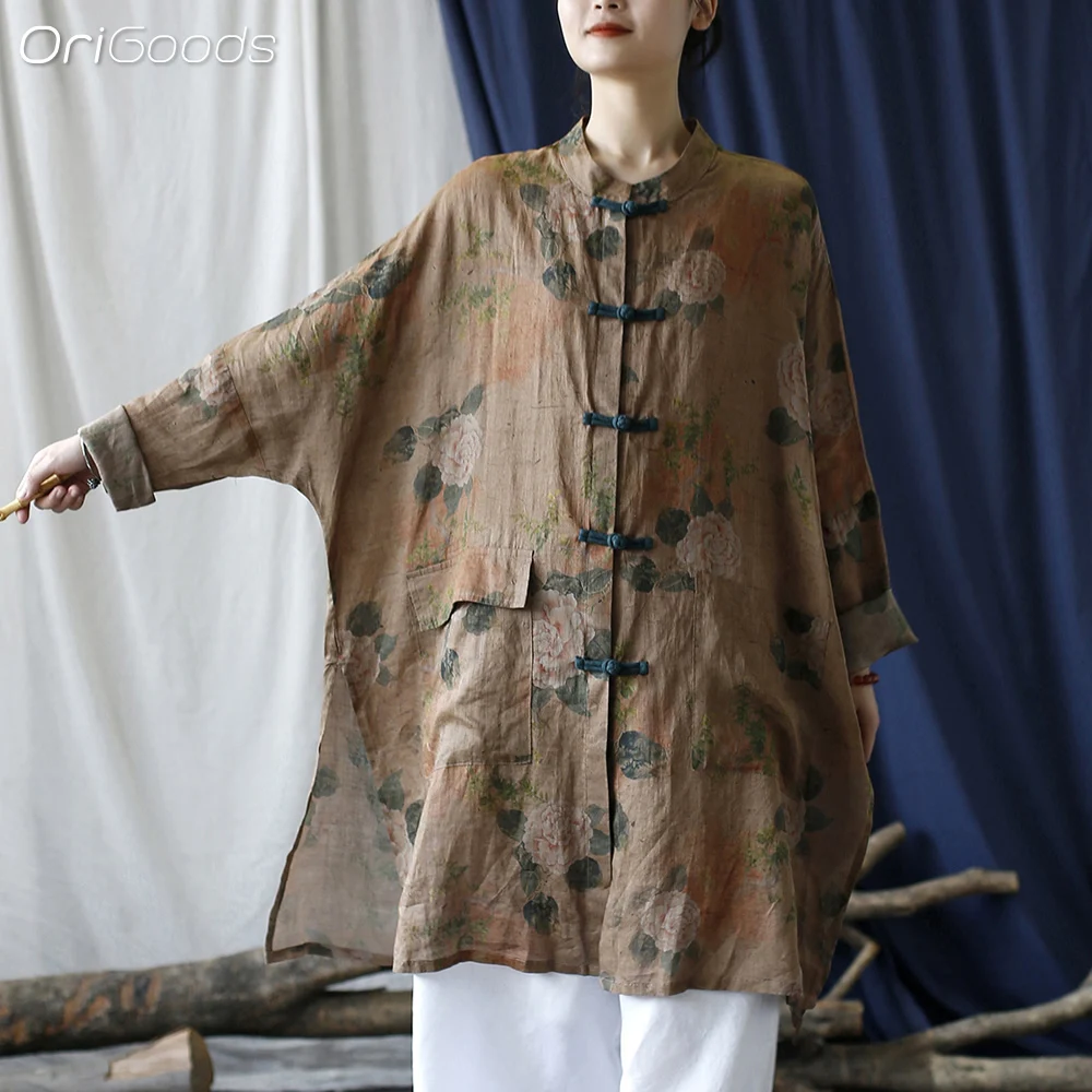 

OriGoods Oversized Long Shirt Women 2024 New Summer Tops Thin Ramie Fabric Vintage National Style Print Long Sleeve Blouse X035