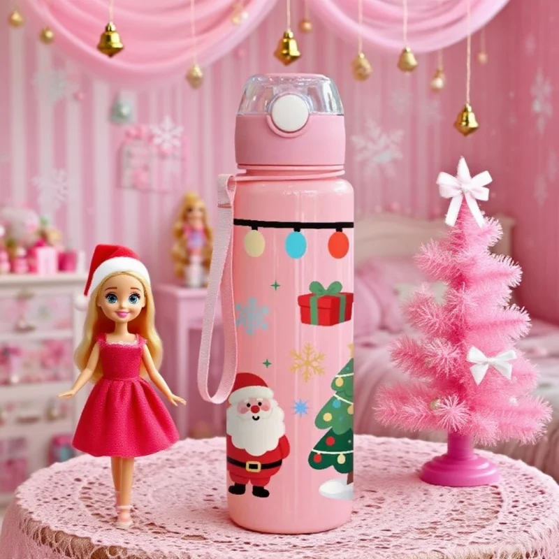 Botella de agua navideña con estampado 3D, bonito diseño de reno de Papá Noel, taza de agua de plástico de alta apariencia con dibujos animados de 700ML, a prueba de fugas