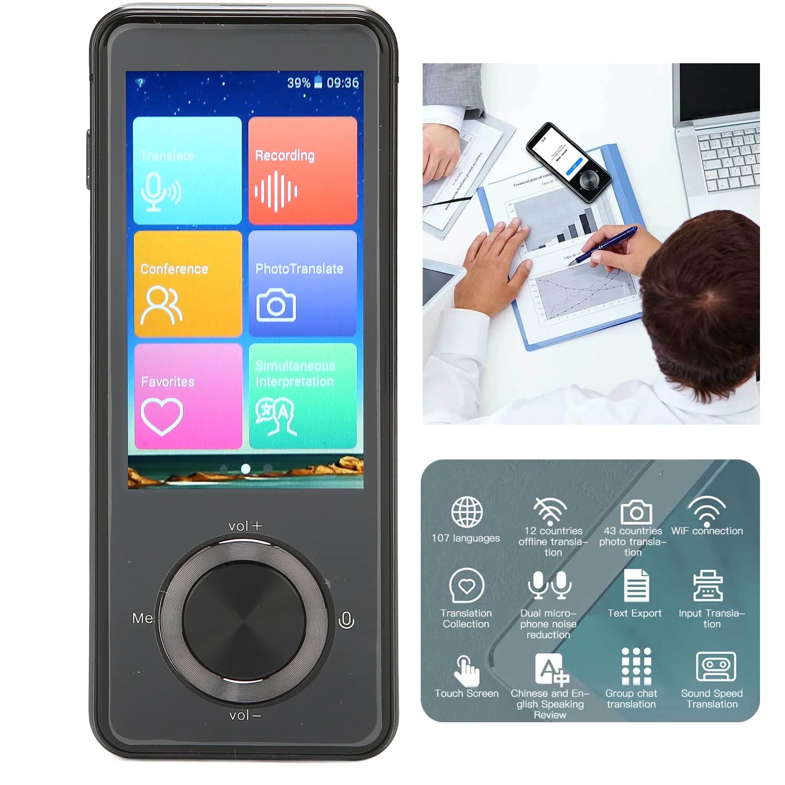 

Translator Device Recording Metal Long Battery Life 107 Languages Voice Interpreter HD Screen with Photo Translation for Travel