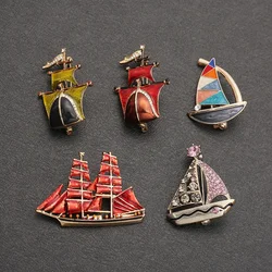 SKEDS Creative Enamel Sailboat Brooches For Women Men Crystal Steam Boat Party Unisex Trendy Casual Brooch Pins Jewelry Gifts