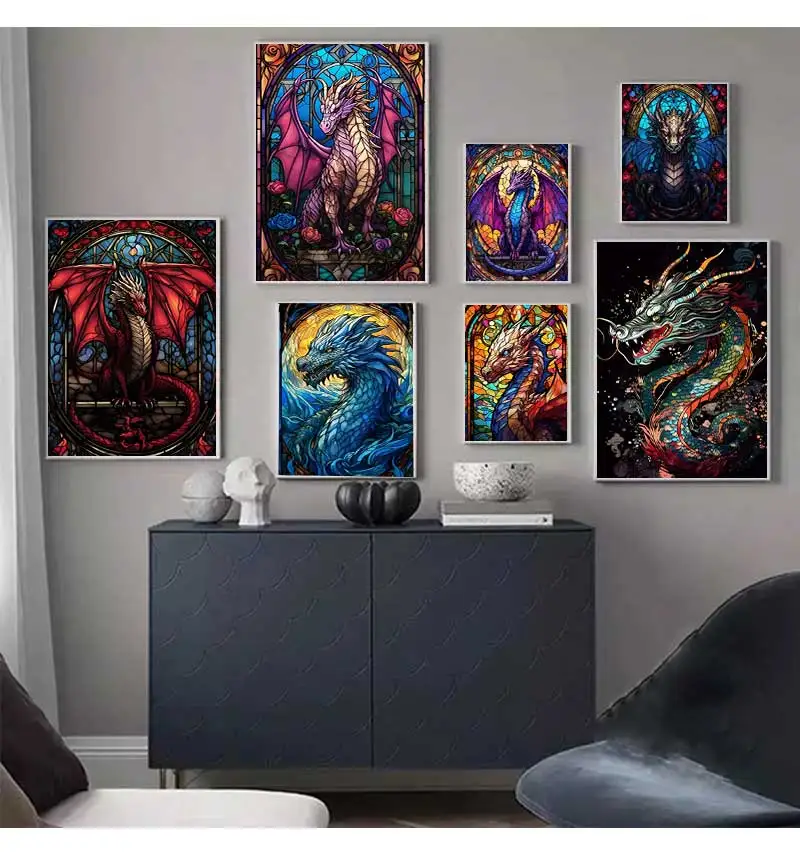 Anime Dragon Stained Glass Posters Abstract Dragon Graffiti Art Canvas Painting Cool Dragon Wall Art Mural for Home Decoration