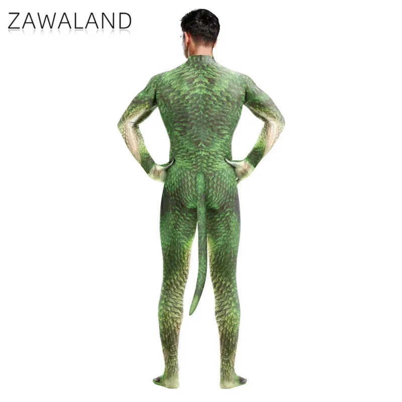 Tute di Halloween Costume adulto maschile con coda Copertura completa Tuta Zentai elastica Cosplay Catsuit con stampa drago animale