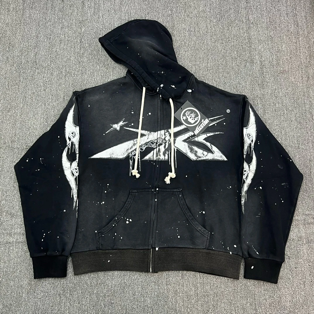 

Hell Star Vintage Splaed Ink Spray Zip up Hoodie Pure Cotton Hoodie Waed Loose Fit Long Sve Youth Casual Sweater