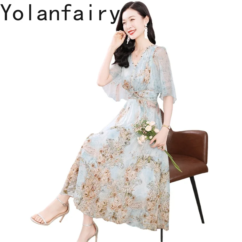 

YOLANFAIRY 70% Linen 30% Mulberry Silk Dress Women Summer Elegant V-neck Floral Dress High Quality Birthday Dresses Woman 2025