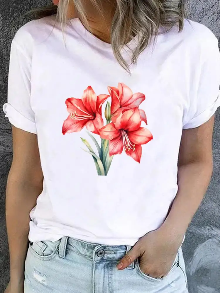 Flower Sweet Trend Cute 90s T-shirt Ladies Fashion Basic Women Graphic Short Sleeve Clothing Tee Top Clothes Print T Shirt