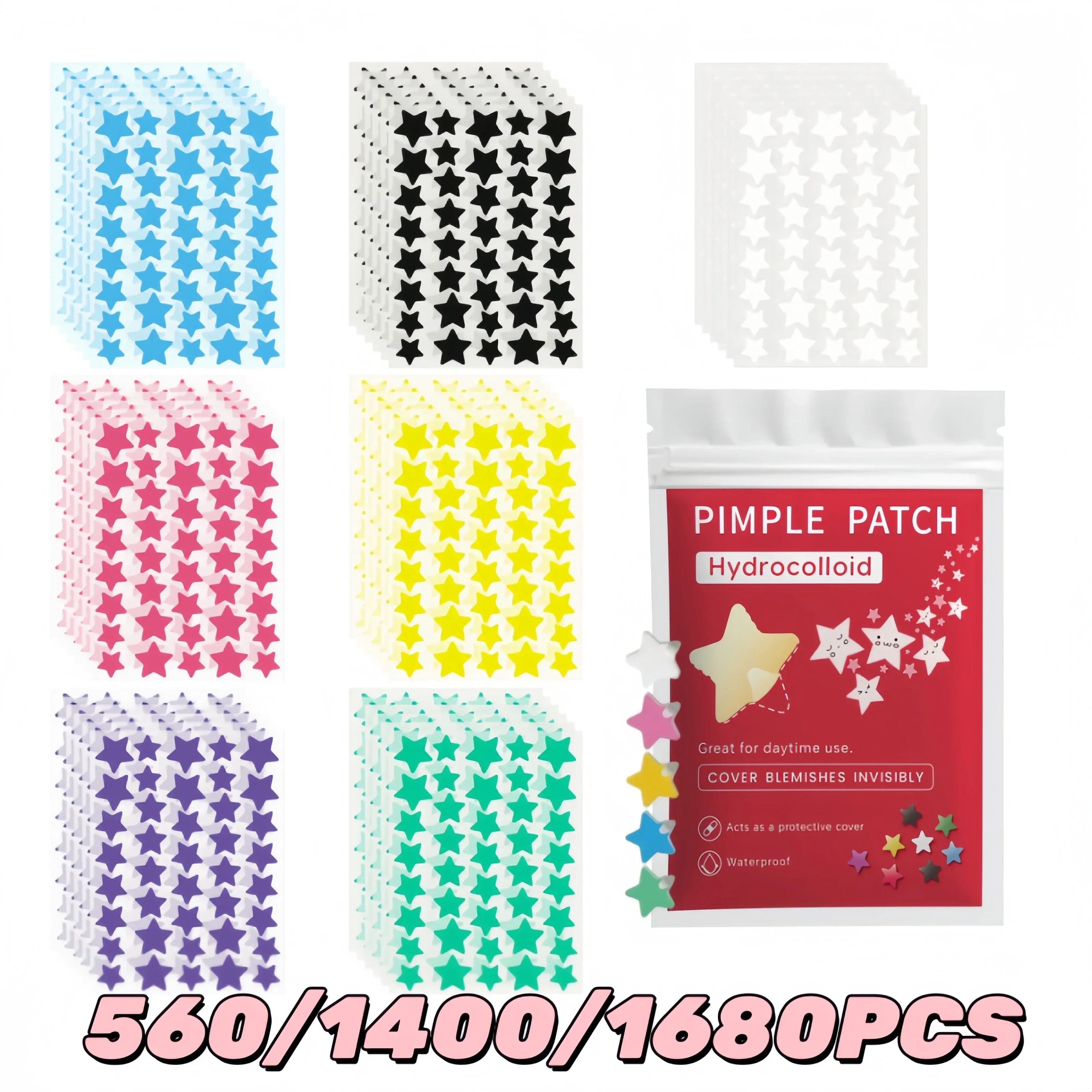 Parches para Imperfecciones en Forma de Estrella de 7 Colores, 560/1400/1680 Piezas, Adhesivos Hidrocoloides Invisibles para Todo Tipo de Piel