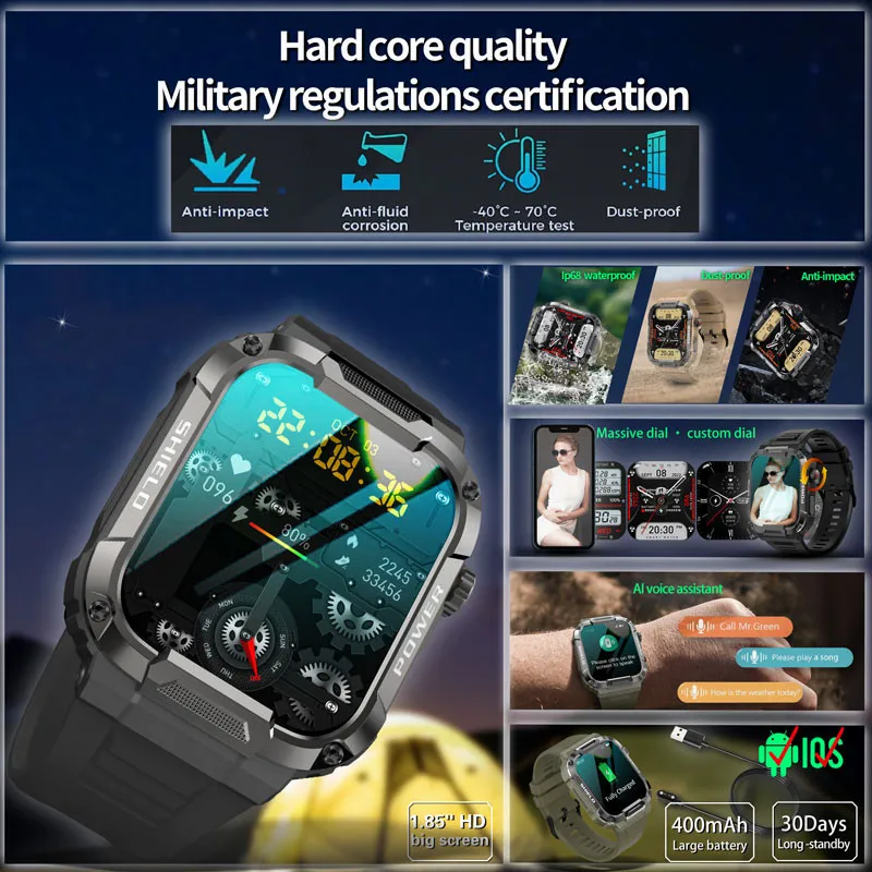 2023 Men Smart Watch 1.85\'\' 400mAh Bluetooth Call Health Monitor Swim Waterproof Sport Smartwatch for IOS Android Phone Outdoor