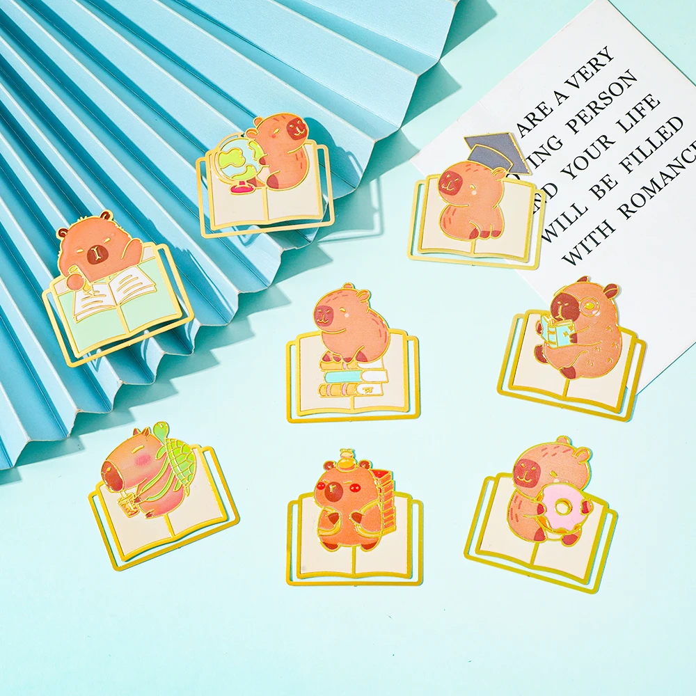 

Cute capybara card leather bar metal bookmark, reading accessory for book lovers, bookmark gift, student learning stationery