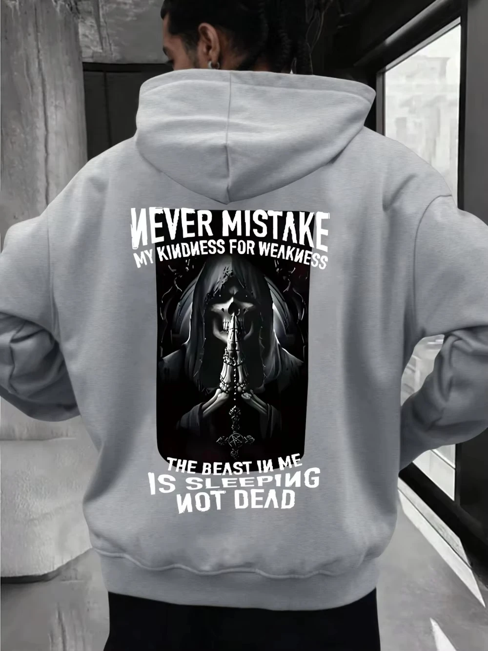 2026 Hot-selling New Fall/Winter Men's Skull Letter Print Soft Comfortable Fleece Pullover Hooded Outdoor Style