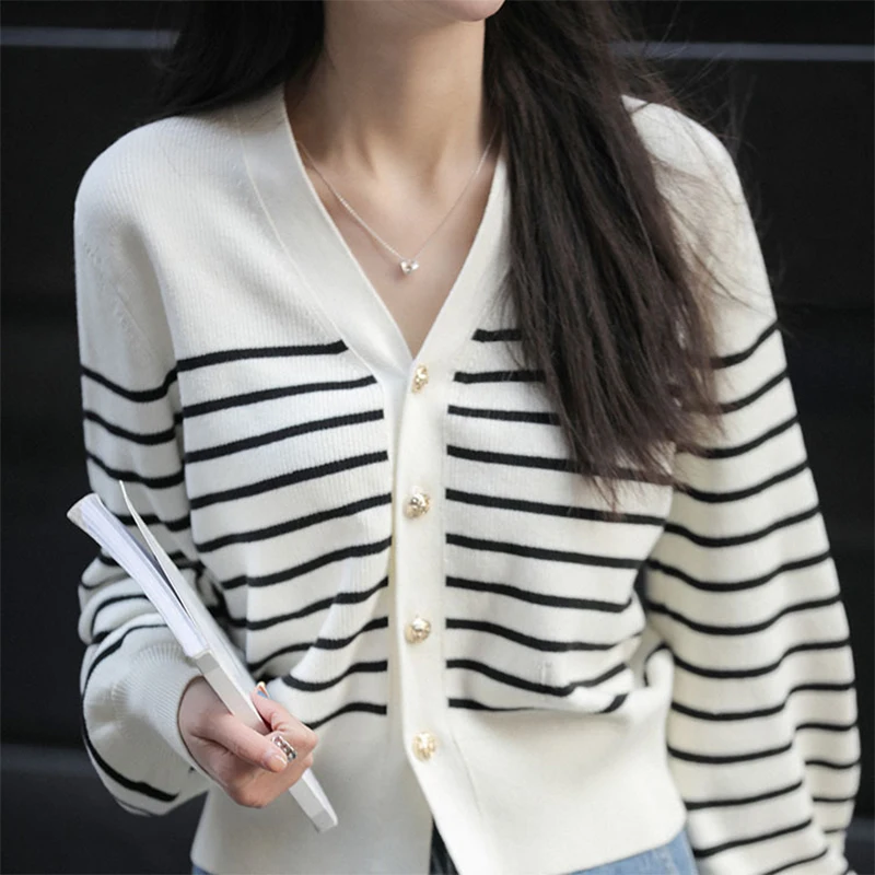 V-Neck Striped Knitted Cardigan Women Spring Autumn Simple Long Sleeve Single Breasted Short Knit Sweater Outerwear