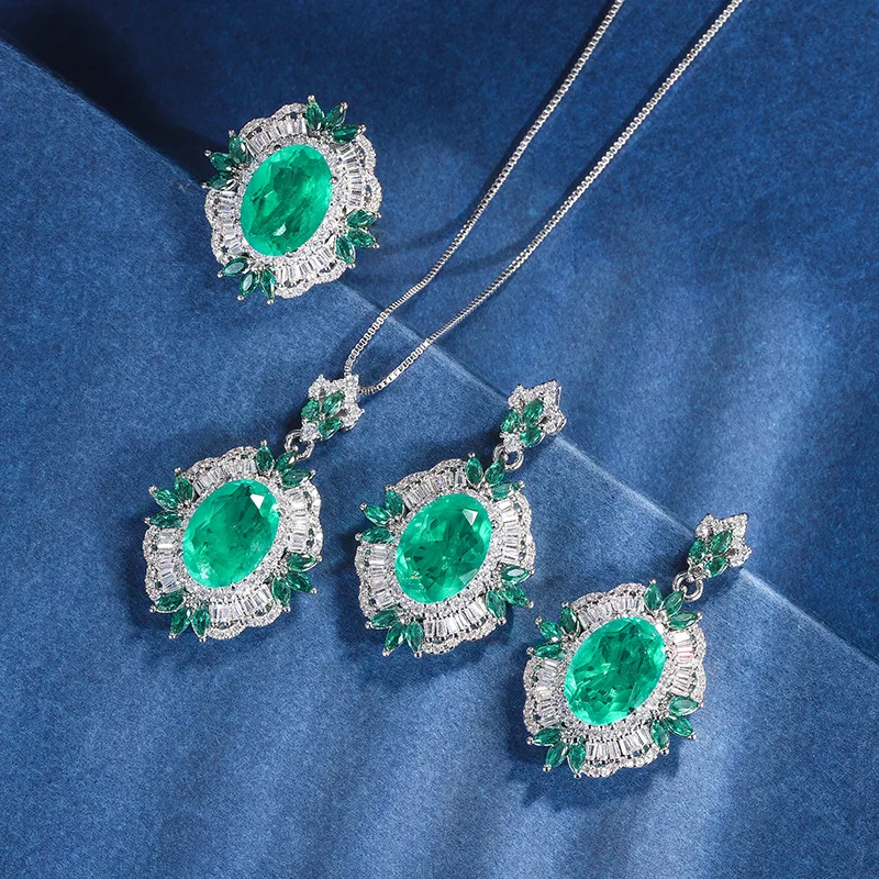 

Emerald High Carbon Diamond Tassel Luxurious Pendant Necklace Adjustable Ring Earrings Women Wedding Dress Accessories Gift