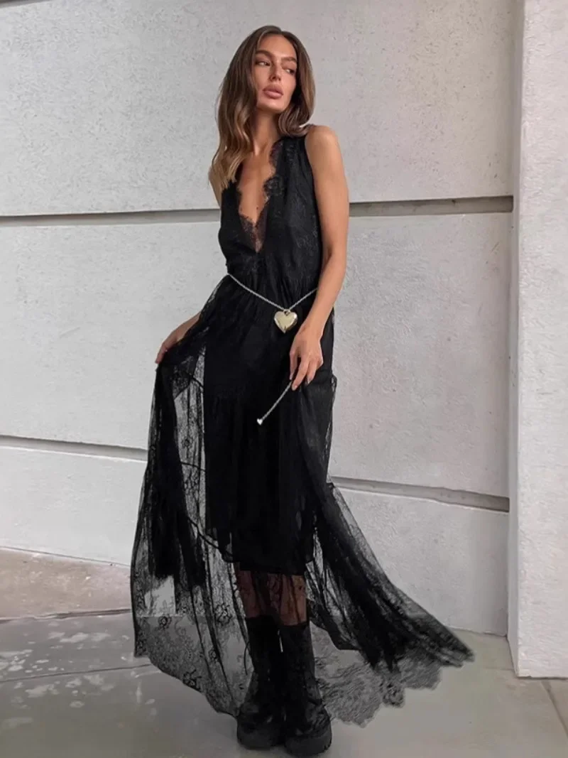 Casual Sexy Lace Patchwork Long Maxi Tank Dresses for Women Deep V-neck Sleeveless Backless See-through Party Dress Black White - AliExpress 200000345 Casual Sexy Lace Patchwork Long Maxi Tank Dresses for Women Deep V-neck Sleeveless Backless See-through Party Dress Black White - AliExpress 200000345