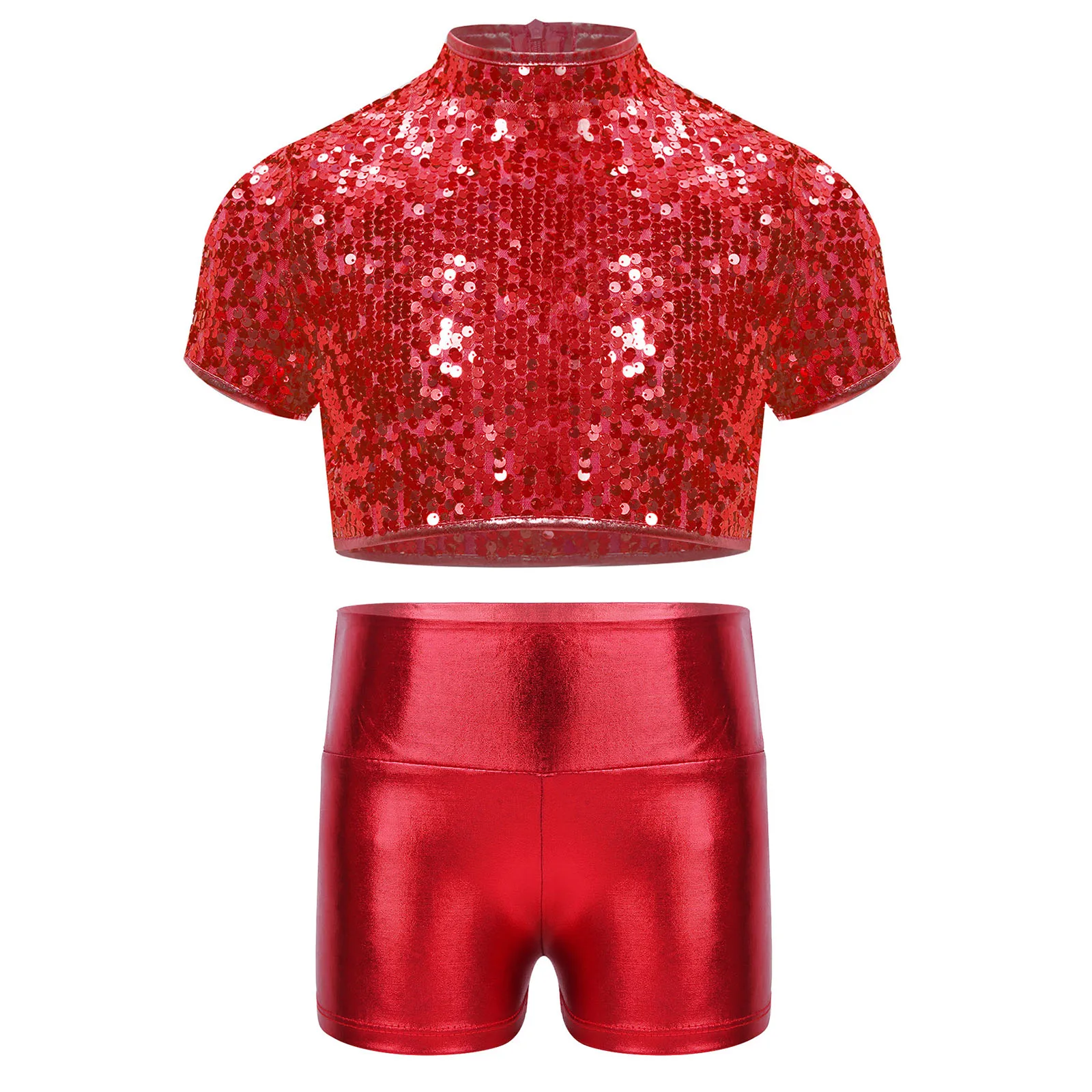 Kids Girls Metallic Jazz Dance Outfits Streetwear Hip Hop Costume Set Cheerleading Sequins Performance Dancewear Dancing Clothes