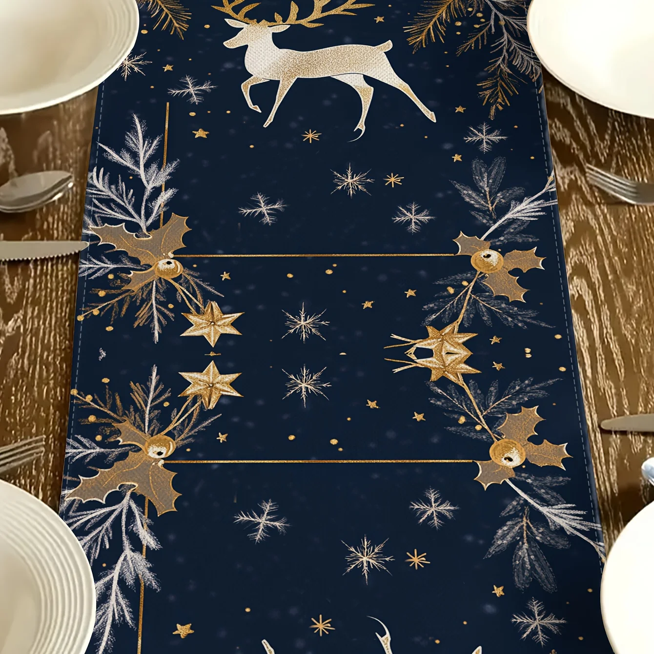 1 قطعة عيد الميلاد الذهبي الغزلان البحرية الجدول عداء ، متعدد الموسم العالمي لتزيين طاولة الطعام ، الكتان 2D ديكور مسطح