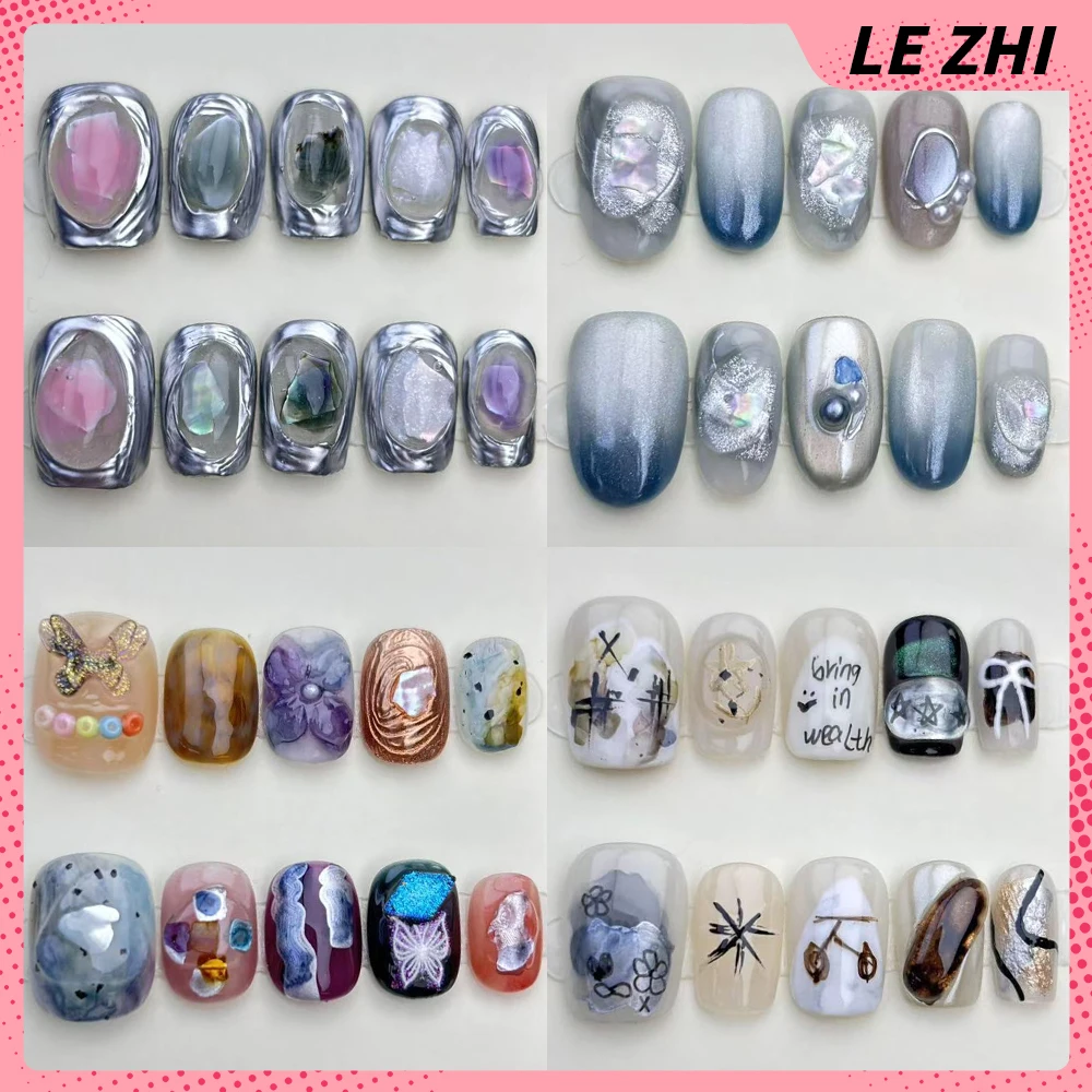 

10Pcs Cute Handmade Short Square Ellipse Wearable Press On Nail Pearl Flower Diamond Sequins Gradients Full Cover Nail Girl Gift