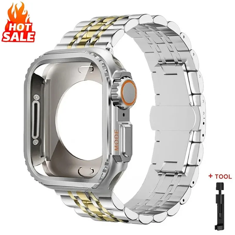 

Металлический ремешок + металлический корпус для Apple Watch Series 11 46 мм, 42 мм, Ultra 3/2/1 49 мм, 45 мм, 44 мм, ремешок для Series 11, 10, 9, 8, 7, 6, 5, SE2, SE3, 4