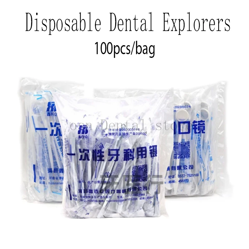 100pcs Disposable Dental Explorers Oral Mirrors Tweezers Temporary Double Ends Probe Hook Stainless Steel Dental Instrument
