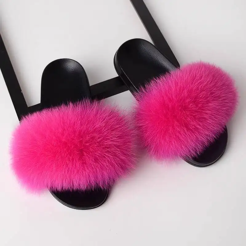 

100% Natural Fox Fur Slippers For Women Outdoor Wear Fluffy Ladies' Sandals Women's Shoes Raccoon Fur Slides