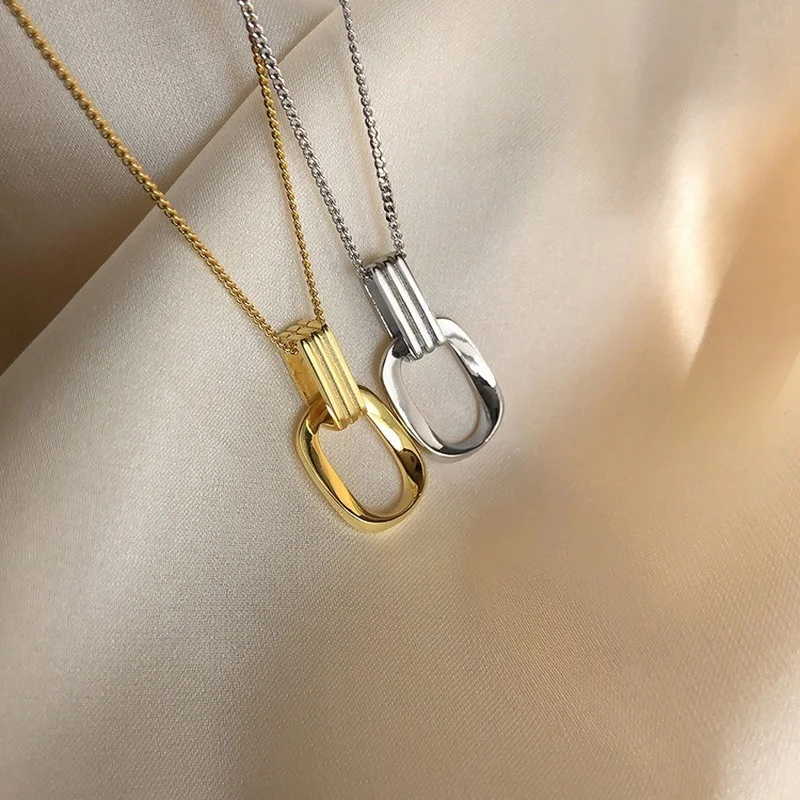 VOQ Silver Color Geometric Double Ring Necklace Ladies Simple Temperament Lock Bone Chain Party Accessories