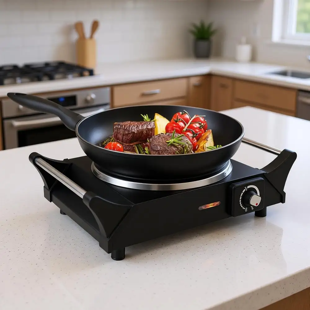 1500W Countertop Single Burner with Adjustable Temperature and Handles, 7.3” Cooktop for RV/Home/Camp, Compatible with All Cookw