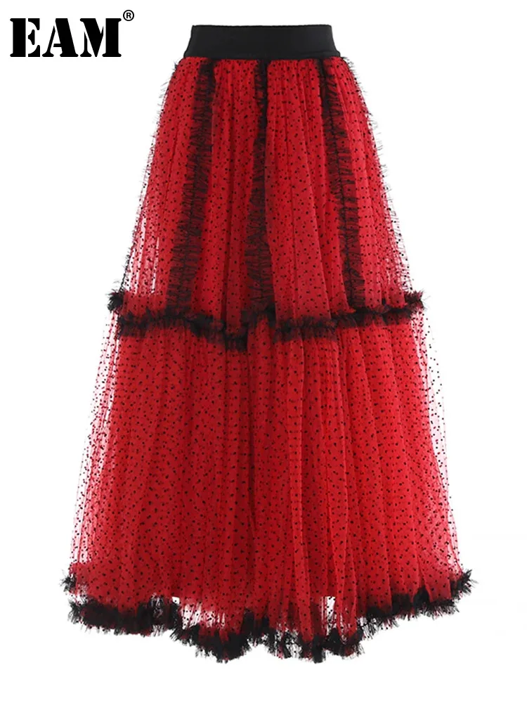 

[EAM] High Elastic Waist Red Dot Mesh Ruffles Elegant A-line Half-body Skirt Women Fashion Tide New Spring Autumn 2024 1DH6335