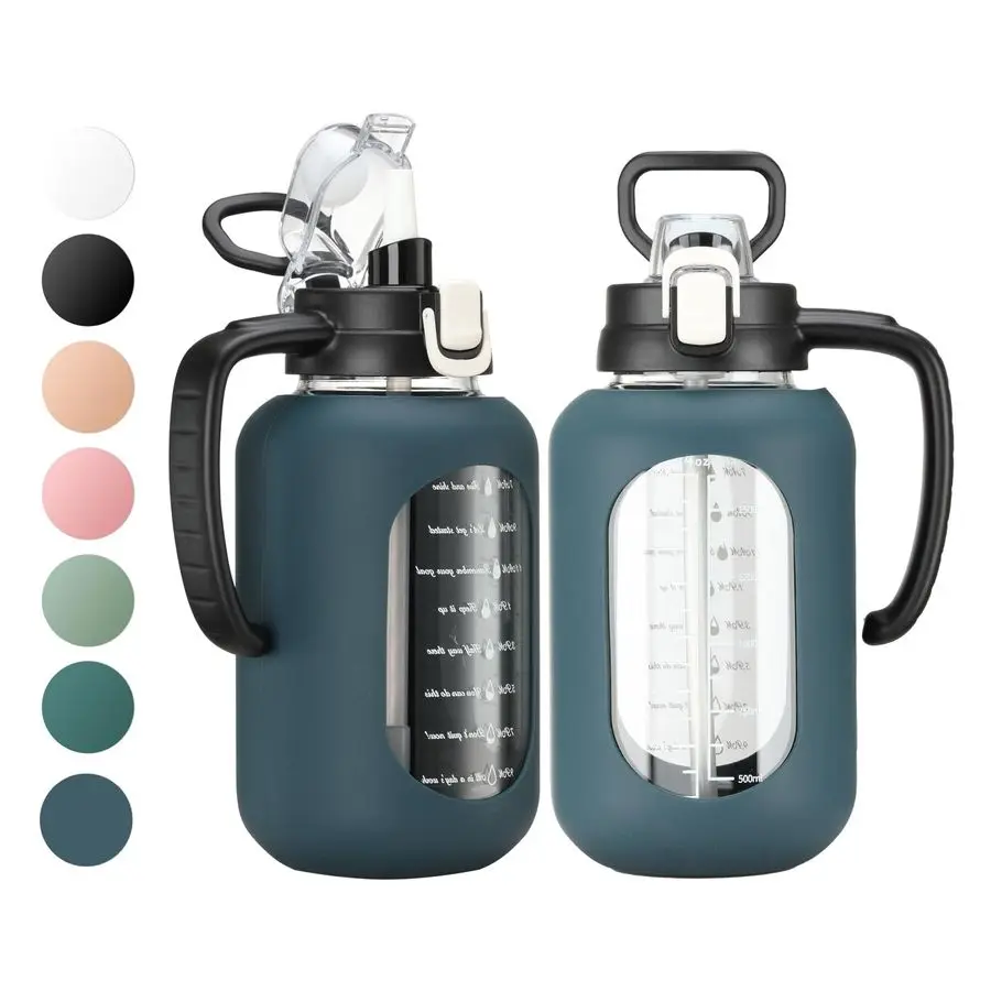 

oz Glass Water Bottle with Handle and Straw Large 2L Water Bottle with Time Markers and Silicone Sleeve Half Gallon Water Jug BP