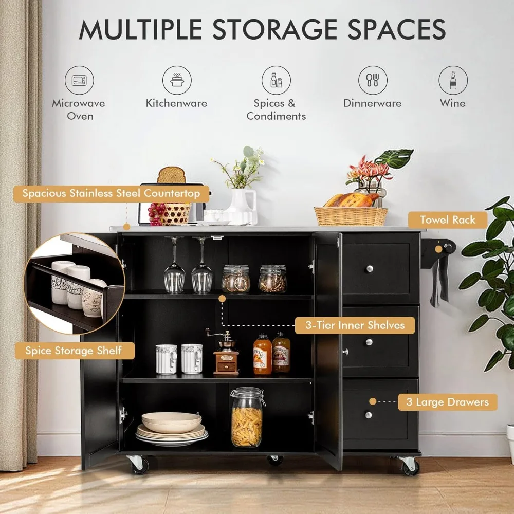 عربة جزيرة المطبخ GOFLAME مع سطح من الفولاذ المقاوم للصدأ، جزيرة مطبخ متنقلة مع مساحة تخزين ورف للمناشف، عربة مطبخ #2